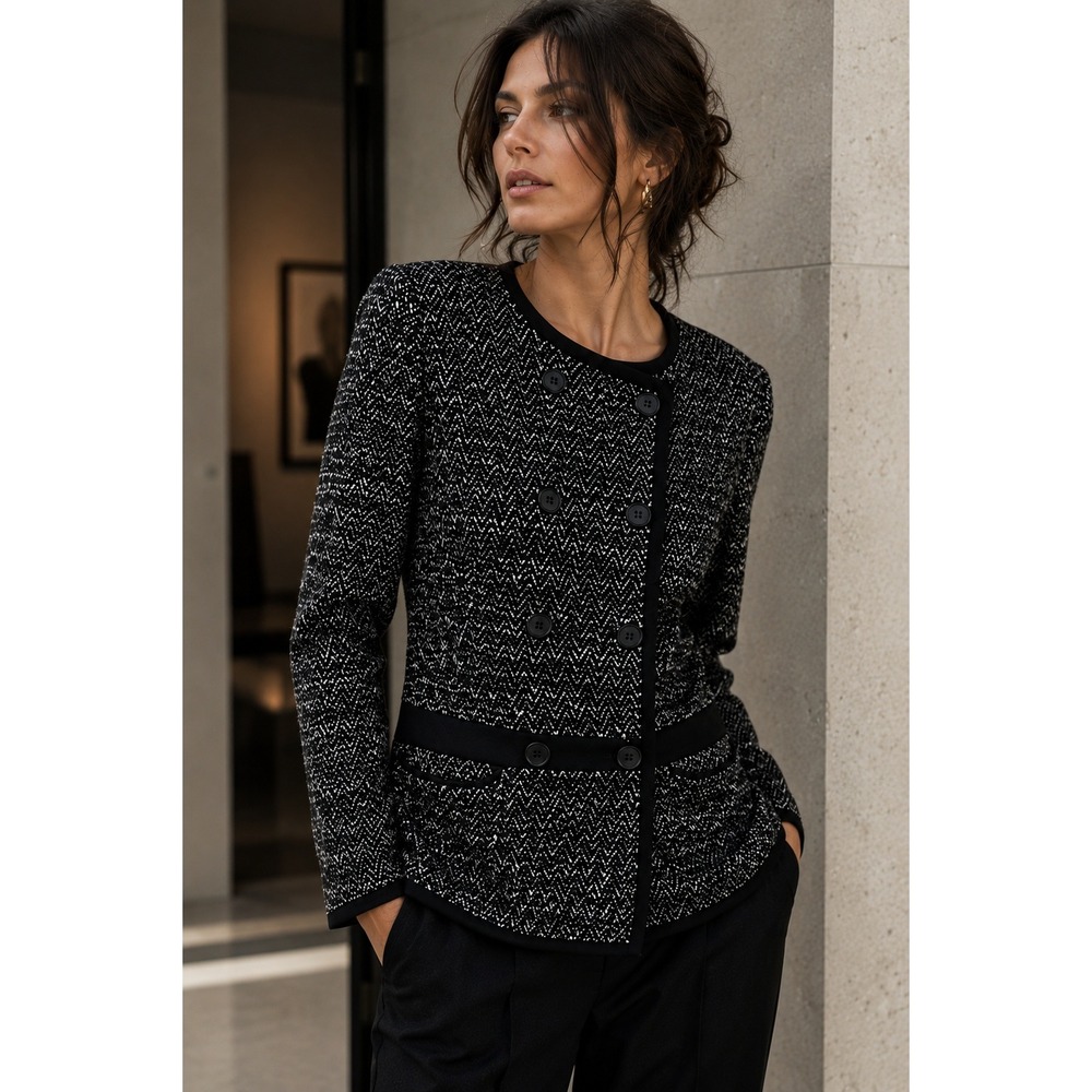 The Fold London Textured Knit Double Breasted Jacket Blazer Black White L